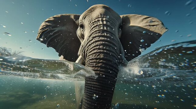 African elephant splashing water in the ocean