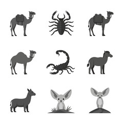 Explore desert creatures: Camels journeying, scorpions lurking, and fennec foxes peeking, perfect for educational materials and creative design projects featuring wildlife