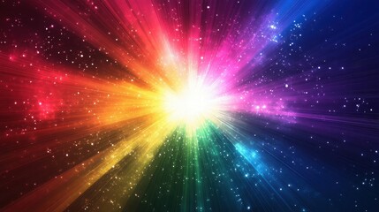 Abstract rainbow light explosion with stars emanating from a central point