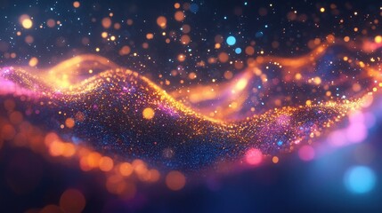 Abstract glowing particles create a vibrant and dynamic wave pattern