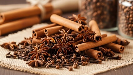 A fragrant heap of star anise, cinnamon sticks, and cloves on a rustic burlap cloth. These whole warm spices evoke festive baking and aromatic culinary traditions.