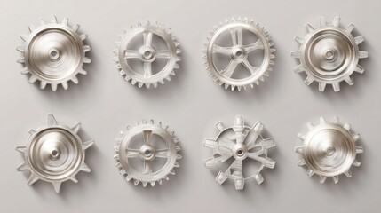 Eight silver metal gears of varying designs arranged on a neutral background, casting subtle shadows, suggesting complexity and mechanical precision