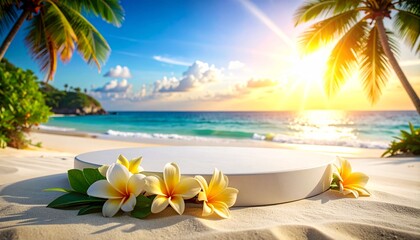 Advertising - podium photo of a very realistic image for a luxury big empty white podium in the middle of the tropical beach and shows the intense heat of the weather with a scorching sun on the backg