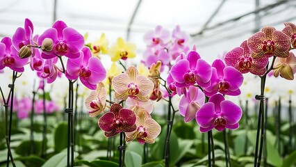 Vibrant Phalaenopsis orchids bloom in a bright greenhouse. Stunning pink, yellow, and striped moth orchids display elegant floral beauty on slender green stems in full flower.