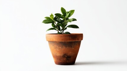 Fototapeta premium A small green plant with many leaves sits inside a weathered, terracotta colored pot against a clean white background