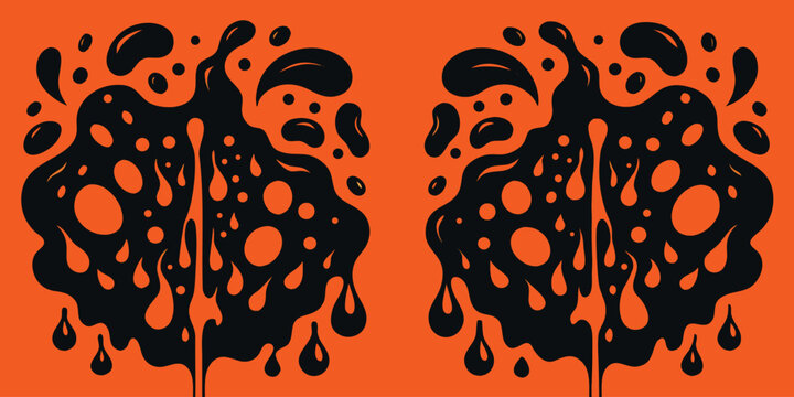 Black liquid splashes on orange background diptych