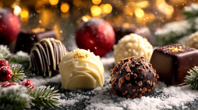 Chocolate truffle assortment on snowy evergreen with festive lights and red ornaments, cozy holiday indulgence