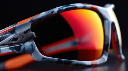 Close-up of a pair of sports sunglasses with a vibrant red-orange reflective lens. The frame features a unique grey, white & orange patterned design
