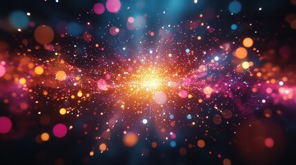 Abstract explosion of colorful light particles on a dark cosmic background