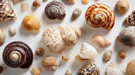 Collection of diverse seashells with intricate patterns and textures on a bright, textured surface