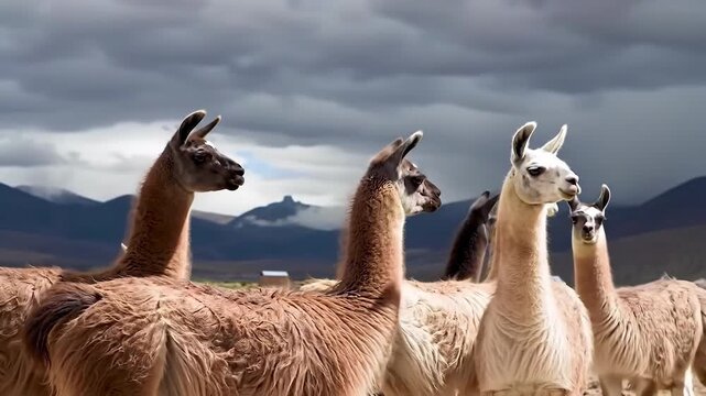 Herd of llamas standing together under cloudy sky