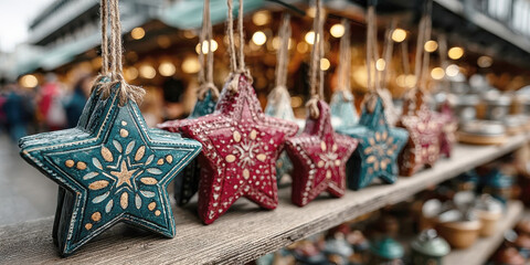 Hand-Painted Decorative Blue and Red Star Ornaments Hanging in Christmas Market Stall