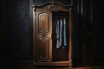 The coat hangs gracefully from the wardrobe door, adding character.