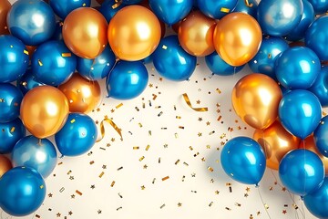 Elegant corporate anniversary event scene with blue and gold balloons, confetti, and a stylish festive atmosphere, digitally rendered for business marketing, branding, and professional celebrations.