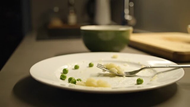 Empty plate with fork after meal, food leftovers on surface