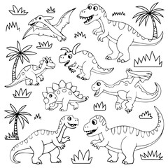 Dinosaur coloring page for kids featuring t rex triceratops pterodactyl and other prehistoric animals © vector