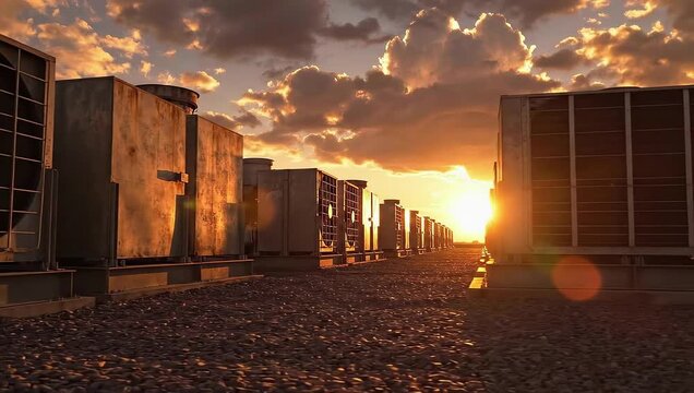 Industrial Rooftop Sunset - Air Conditioners Silhouetted Against the Sky.