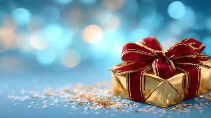 Gold gift box with red ribbon and bokeh lights, festive holiday present wrapped elegantly with gold confetti