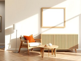 Fototapeta premium Modern living room with wooden chair side table and radiator bathed in sunlight