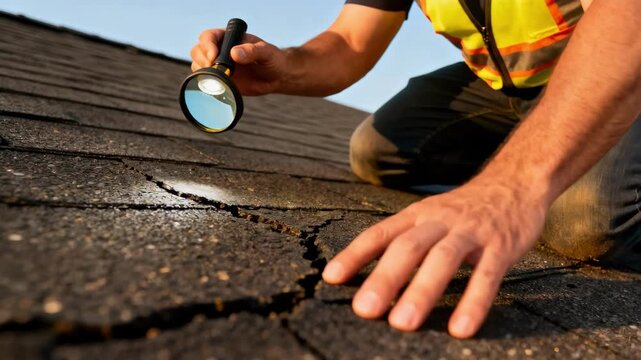 Technician carefully examines asphalt flat roof for cracks and wear capturing detailed inspection process with tools and close surface focus.