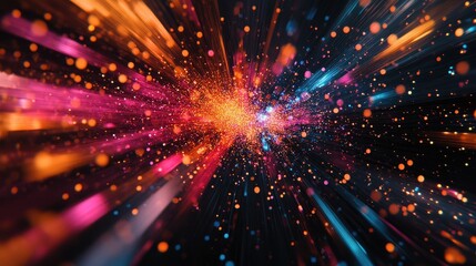 Abstract explosion of colorful light streaks on a dark cosmic background