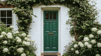 The green door features a window, enhancing its appeal and character.