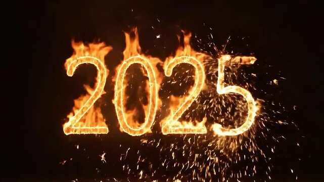 Dynamic Fire Sparks Animation Writing 2025 on Black Background for New Year Celebration. Goodbye 2025