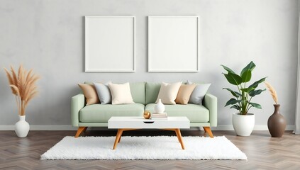 Modern living room with mint green sofa two blank picture frames and plants