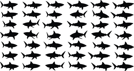 Huge collection of shark silhouettes, vector set of swimming marine predators, ocean fish icons, and dangerous sea animals isolated on white background.