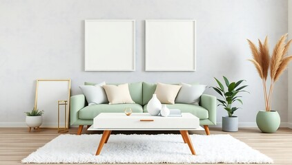 Obraz premium Modern living room with light green sofa and two blank picture frames on wall
