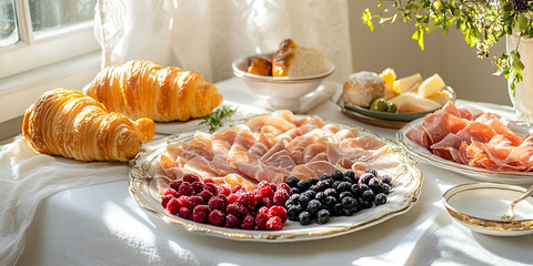 Elegant Breakfast Table with Fresh Pastries Fruits and Sunlight