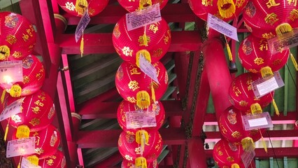 red lantern lights under the roof of the Chinese Confucian temple