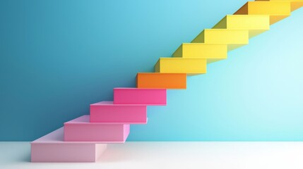Fototapeta premium A vibrant stairway leading upward towards a striking blue wall. 