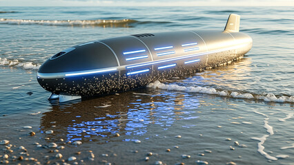 Futuristic Submarine Washed Ashore on a Sandy Beach at Sunset.