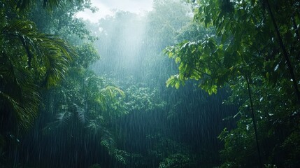 Heavy rainfall in a lush green forest creating a serene natural scene