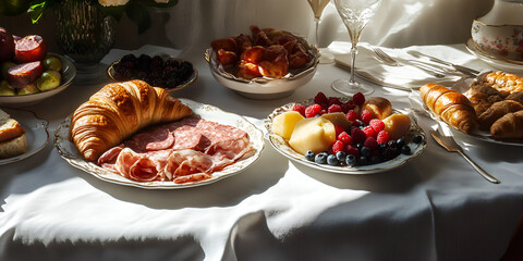 Elegant Breakfast Table with Fresh Pastries Fruits and Sunlight