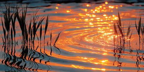 Close-Up of Sunset Reflections and Glittering Bokeh on Water Surface with Reeds