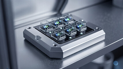 Closeup of a modern electronic component with multiple transparent modules showcasing intricate internal mechanisms and advanced technology.