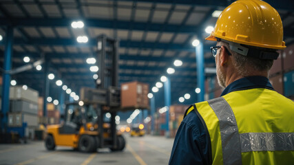 Warehouse manager wearing a yellow hard hat and safety vest observing a forklift operating in a large industrial storage facility