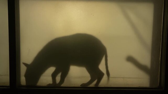 Silhouette of a Capybara Walking Behind a Frosted Glass Window.