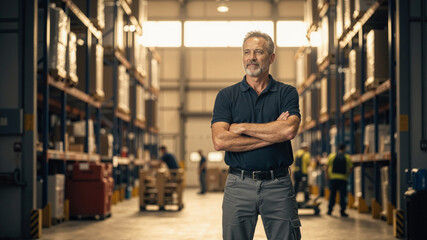 Portrait of a confident middleaged warehouse manager standing with arms crossed in a large industrial storage facility with tall shelves and workers in the background