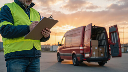 Delivery driver checking clipboard inventory next to open cargo van with packages at sunset, logistics and shipping concept