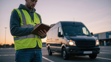 Delivery driver in safety vest checking clipboard or notebook next to black cargo van at dusk or dawn in parking lot