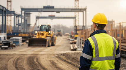 Construction worker in yellow hard hat and safety vest observing heavy machinery and site progress at a large industrial building site during sunset or sunrise