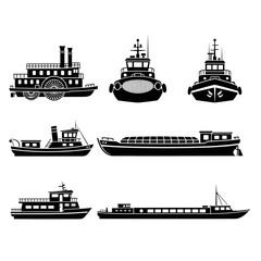 Collection of professional black silhouette icons depicting various essential watercraft like tugs barges and steamboats