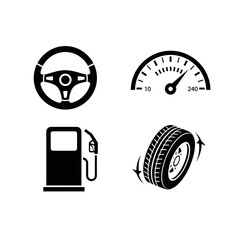 Essential black and white icons set for automotive maintenance speed fuel steering and tire rotation service guides
