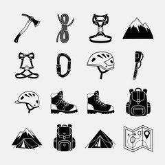 Essential collection of professional black and white icons for mountaineering hiking and outdoor adventure gear planning
