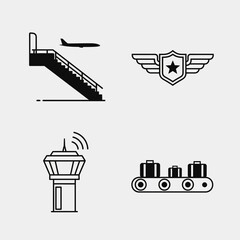 Essential black and white travel icons depicting boarding stairs, pilot wings badge, air traffic control tower, and luggage conveyor belt