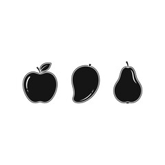 Elegant black silhouette icons representing fresh apple mango and pear perfect for healthy eating menus or organic branding