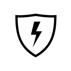 Bold black shield icon featuring a dynamic lightning bolt symbolizing strong electrical power protection and security